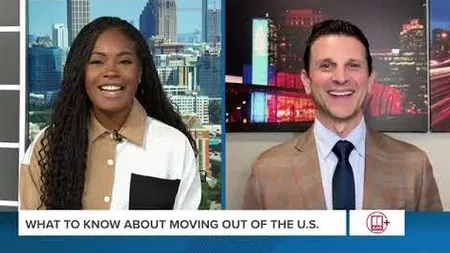 Two news anchors smiling in a split-screen frame with caption about moving out of the U.S.