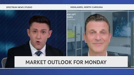 Two men in a news broadcast discussing market outlook for Monday with studio and remote split screen.