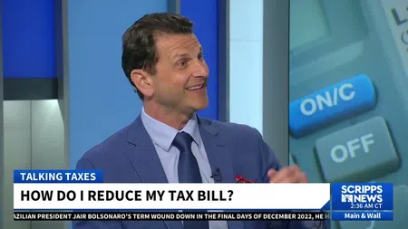 TV news anchor discussing strategies to reduce tax bills on Scripps News segment.