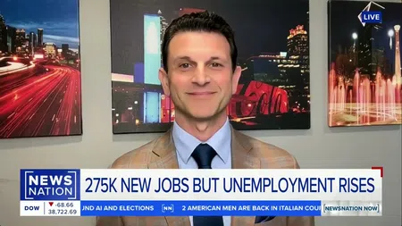 News anchor reporting on 275,000 new jobs but rising unemployment with cityscape backdrop.