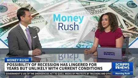 News anchors discuss recession possibilities on Money Rush segment with dollar bills background