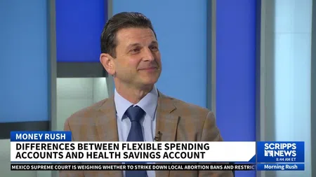 Man in brown plaid jacket discusses flexible spending and health savings accounts on Scripps News Morning Rush.