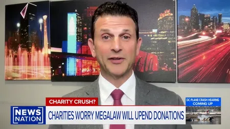 News Nation anchor reports on charities concerned mega law will disrupt donations with cityscape backdrop.