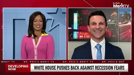TV news segment with female and male anchors discussing White House recession response.