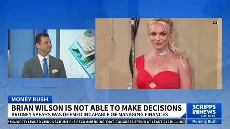 News segment showing financial expert Brian Wilson and Britney Spears discussing financial management incapacity.