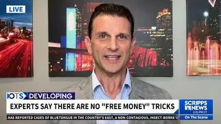 News anchor reports on experts debunking free money tricks with cityscape images in background.
