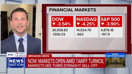 News anchor reporting market losses with Dow, Nasdaq, and S&P 500 indexes showing significant declines amid tariff turmoil.