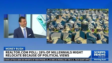 News segment showing a man in a suit and aerial view of suburban houses about millennials relocating due to politics.