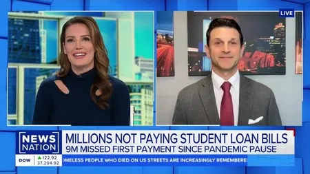 News Nation broadcast showing two anchors discussing millions missing first student loan payments since pandemic pause.