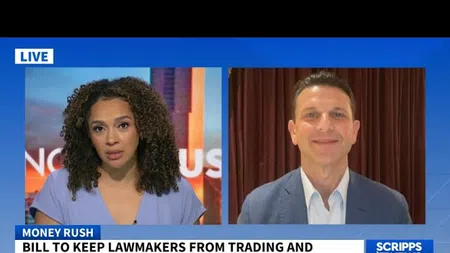 News anchors discuss bill to prevent lawmakers from trading stocks live on Scripps News at 7:47 AM.