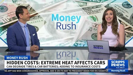 Two news anchors discussing extreme heat impact on cars on Scripps News Money Rush segment with dollar background.