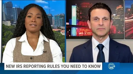 Two news anchors discussing new IRS reporting rules on a split-screen during a televised news segment.