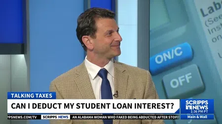 News anchor discussing student loan interest deduction during Scripps News broadcast segment