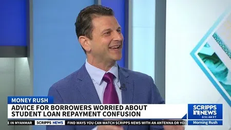 TV news segment discussing advice for borrowers confused about student loan repayment with a smiling male anchor.