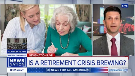 NewsNation live broadcast discussing potential retirement crisis with elderly woman and reporter in studio.
