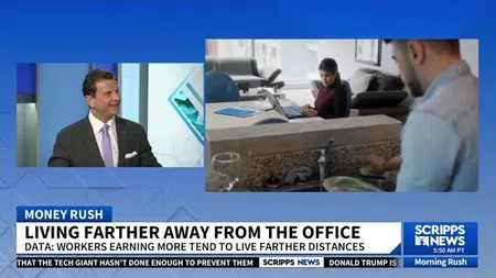 News segment discussing workers living farther from the office with data on higher earners commuting longer distances.