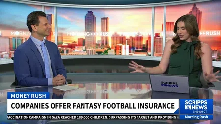Two news anchors discussing fantasy football insurance on Scripps News Morning Rush set with city skyline background.