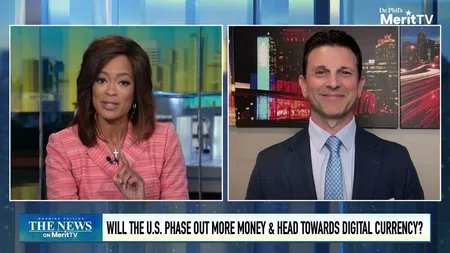 TV news segment discussing U.S. phasing out cash for digital currency with two hosts on split screen.