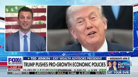 Split screen of Ted Jenkin discussing economic policies and close-up of Donald Trump on Fox Business news segment.