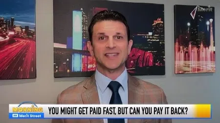 News anchor in suit delivering financial advice on repayment with cityscape photos in background and text banner below.