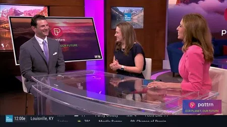 Three TV hosts in a studio discussing environment with Pattrn app logo and Our Planet Our Future slogan