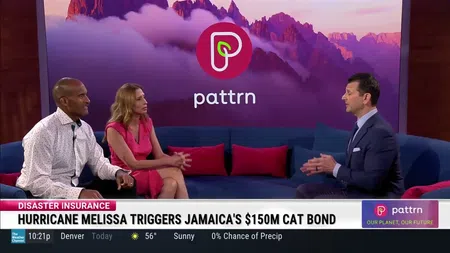 Three people discuss Hurricane Melissa's impact on Jamaica's $150M catastrophe bond on a news set with Patttrn logo.