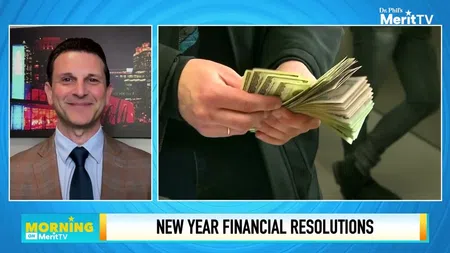 Man in suit smiling beside image of hands holding cash with text New Year Financial Resolutions.