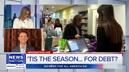 NewsNation Live segment discussing holiday season debt with hosts and shoppers at a checkout counter.