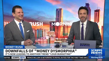 Two male news anchors discussing money dysmorphia on Morning Rush with cityscape background