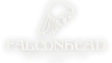 Falconhead Resort & Country Club logo featuring a stylized falcon head in white on black background.