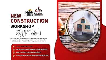 Promotional graphic for a new construction workshop featuring a magnifying glass over a house.