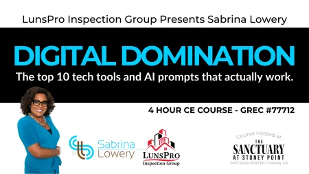 Digital Domination course banner with Sabrina Lowery promoting top tech tools and AI prompts in a 4-hour CE session.