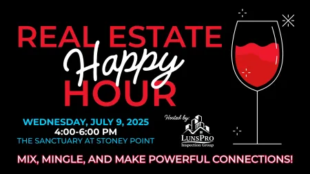 Event flyer for Real Estate Happy Hour on July 9, 2025, 4-6 PM, hosted by LunsPro Inspection Group, with wine glass graphic.