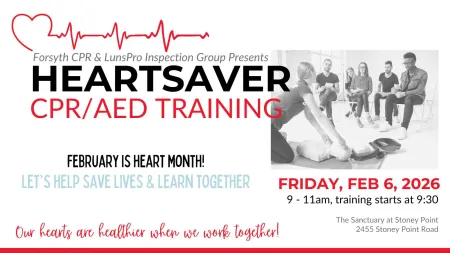 CPR AED training event flyer with group learning, heart graphic, and event details for February 6, 2026.