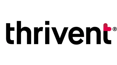 Logo of Thrivent with black text and a red heart symbol integrated into the letter 't'
