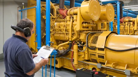 Technician inspecting industrial generator system with clipboard and headphones in a factory setting.