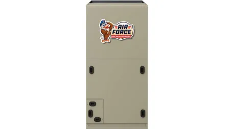 Beige Air Force heating and air plumbing unit with a cartoon mascot on a white background.