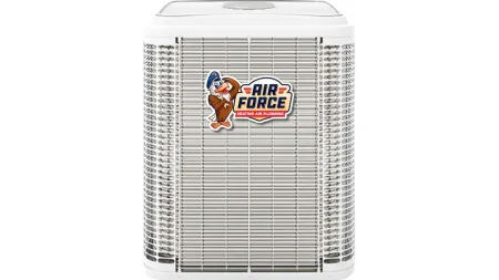 White Air Force branded heating and cooling unit with a cartoon eagle logo on front grille.