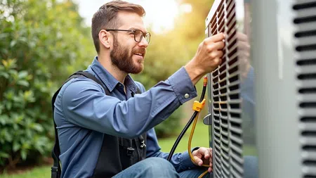 Technician in glasses repairing or inspecting an outdoor air conditioning unit in a garden setting on a sunny day