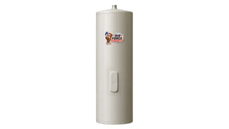 Tall cylindrical beige water heater with Air Force logo and central control switch on white background