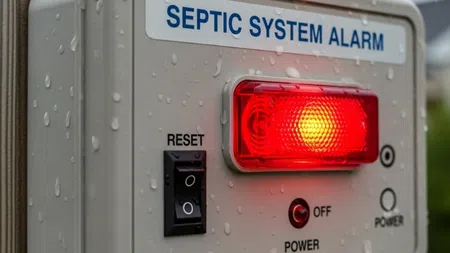 Septic system alarm box mounted outside with red warning light activated and water droplets on its surface.