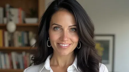 Smiling woman with dark hair in a white shirt standing in front of a blurred bookshelf and wall art.