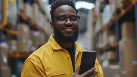 Smiling worker in yellow jacket holding smartphone in warehouse with shelves full of boxes.