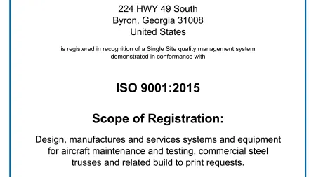 ISO 9001:2015 certification for Unified Defense for aircraft maintenance and commercial steel trusses services.