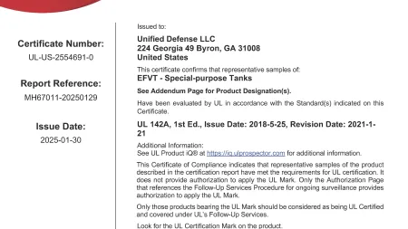 Certificate of Compliance issued to Unified Defense LLC for EFVT special-purpose tanks, UL certified with report details.