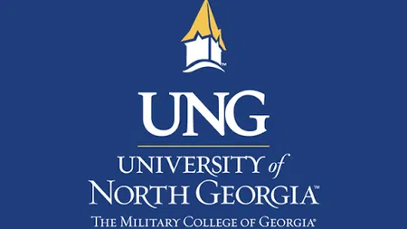 University of North Georgia logo with blue background and gold roof symbol representing the military college.