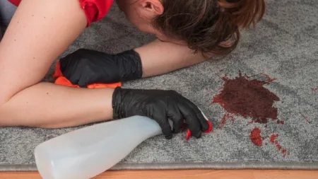 Person wearing black gloves cleaning red stain on gray carpet with spray bottle and cloth.
