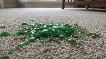 Bright green slime spilled on beige carpet with texture and furniture blurred in background.