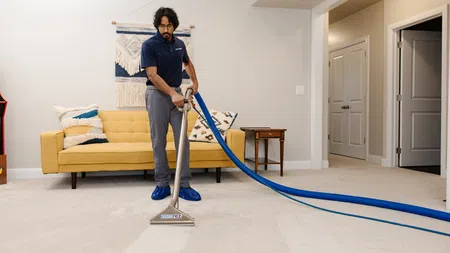 Zerorez cleaner using a carpet cleaning machine in a modern living room with a yellow sofa and blue hose.