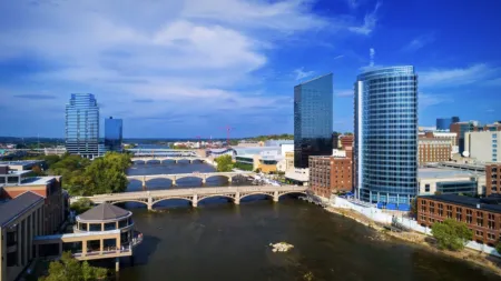 a river with buildings along it